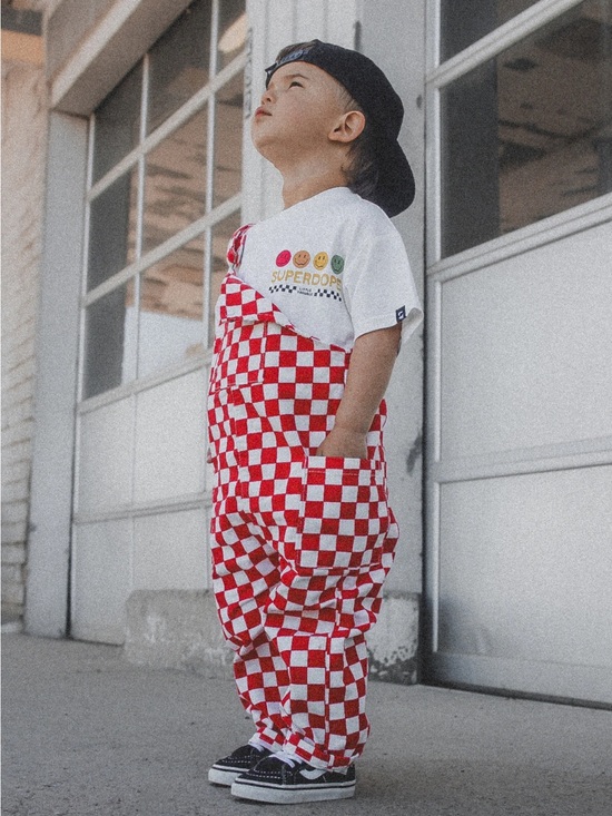little trouble Other - Kids Red & White Checker Denim Pocket Overalls - Little Trouble 2T Unisex